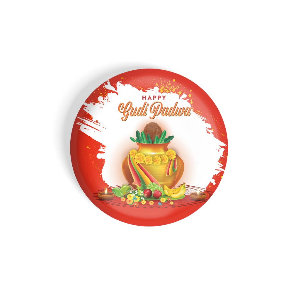dhcrafts Round Fridge Magnet Red Gudi Padwa D5 Glossy Finish Design Pack of 1 (58 mm)
